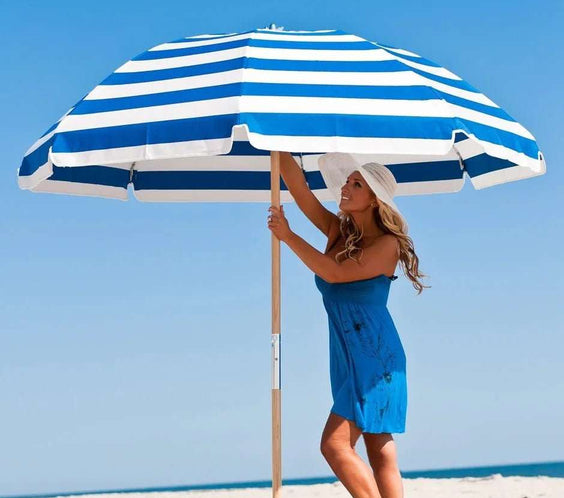 Frankford Emerald Coast 7.5 Foot Octagon Ash Wood Beach Umbrella – Manual Lift, Marine Grade Acrylic - Outdoorsiness