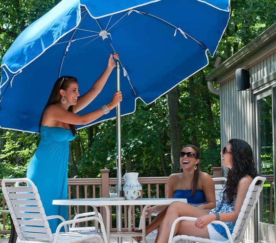 Frankford Laurel 7.5 Foot Octagon Steel Silver Anodized Market Umbrella – Auto Tilt - Outdoorsiness