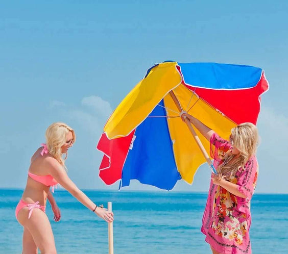 Frankford Shade Star 6.5 Foot Hexagon Ash Wood Beach Umbrella – Marine Grade Acrylic, Carry Bag - Outdoorsiness