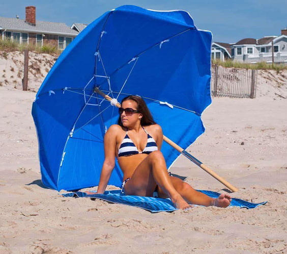 Frankford Shade Star 6.5 Foot Hexagon Ash Wood Beach Umbrella – Marine Grade Acrylic, Carry Bag - Outdoorsiness