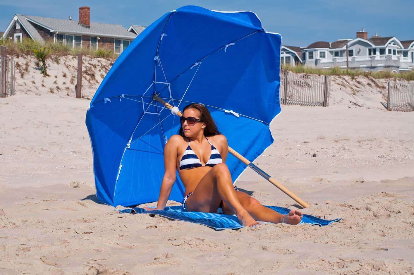Frankford Shade Star 6.5 Foot Hexagon Ash Wood Beach Umbrella – Marine Grade Acrylic, Carry Bag - Outdoorsiness