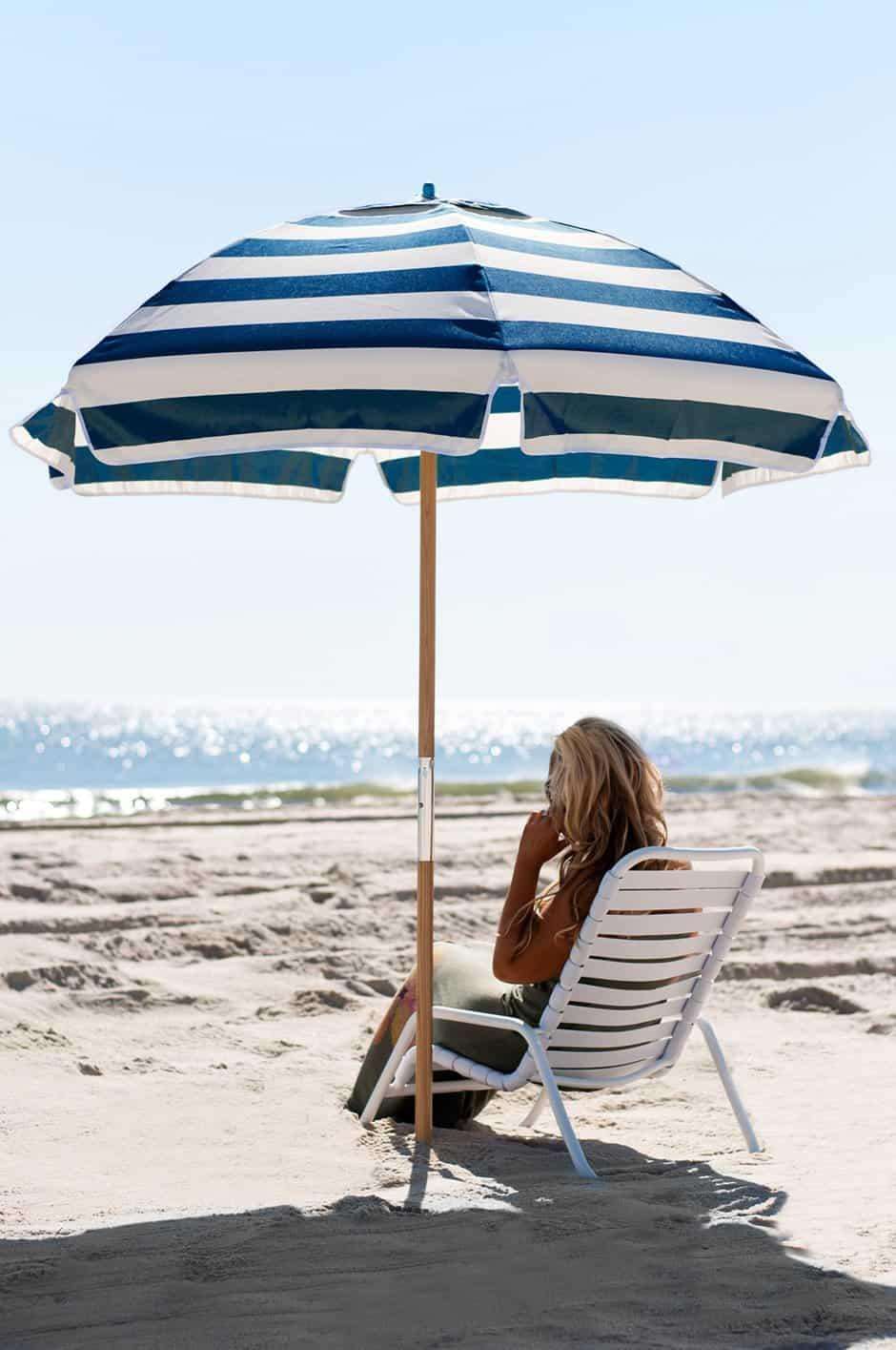 Frankford Shade Star 6.5 Foot Hexagon Ash Wood Beach Umbrella – Marine Grade Acrylic, Carry Bag - Outdoorsiness