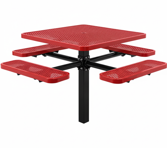 Commercial 46in Square Single Pedestal Picnic Table – Expanded Metal, In-Ground Mount