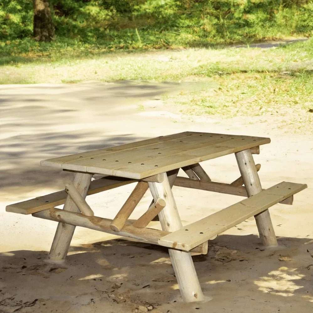 Lakeland Mills Cedar Log 6ft Picnic Table with Attached Benches - Outdoorsiness