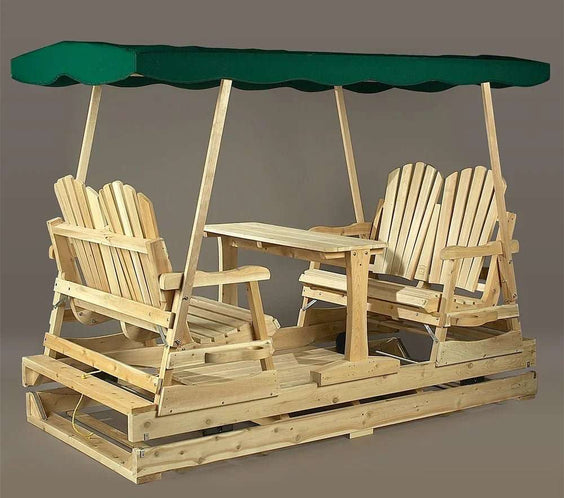 Lakeland Mills Cedar Log Deluxe Glider with Canopy Top – Facing Seats, Center Table - Outdoorsiness