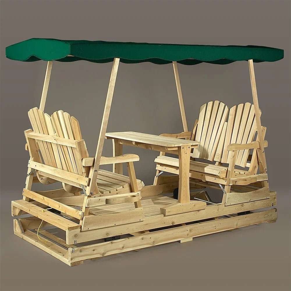 Lakeland Mills Cedar Log Deluxe Glider with Canopy Top – Facing Seats, Center Table - Outdoorsiness