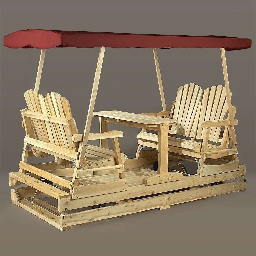 Lakeland Mills Cedar Log Deluxe Glider with Canopy Top – Facing Seats, Center Table - Outdoorsiness
