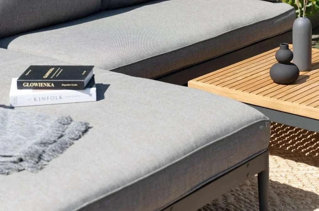 Lucia 2 Piece Commercial Deep Seating Chaise Lounge Bed Set With Table - Aluminum & Teak - Outdoorsiness