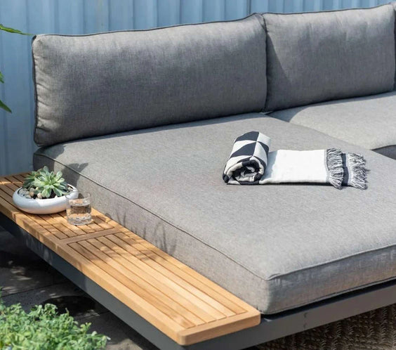 Lucia 2 Piece Commercial Deep Seating Chaise Lounge Bed Set With Table - Aluminum & Teak - Outdoorsiness