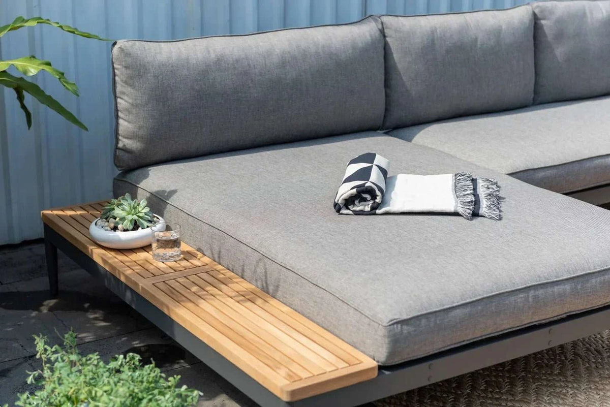 Lucia 2 Piece Commercial Deep Seating Chaise Lounge Bed Set With Table - Aluminum & Teak - Outdoorsiness