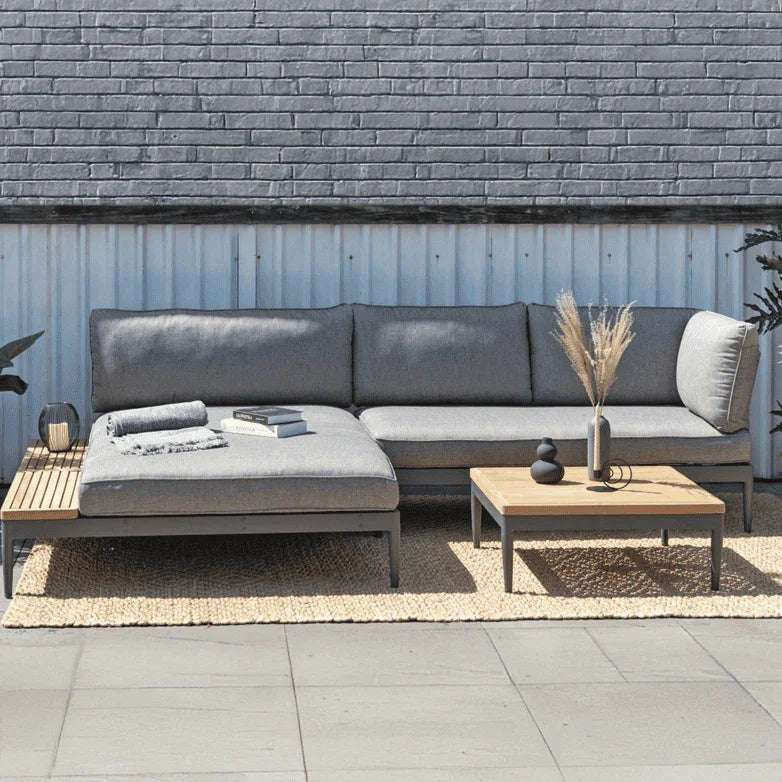 Lucia 2 Piece Commercial Deep Seating Chaise Lounge Bed Set With Table - Aluminum & Teak - Outdoorsiness