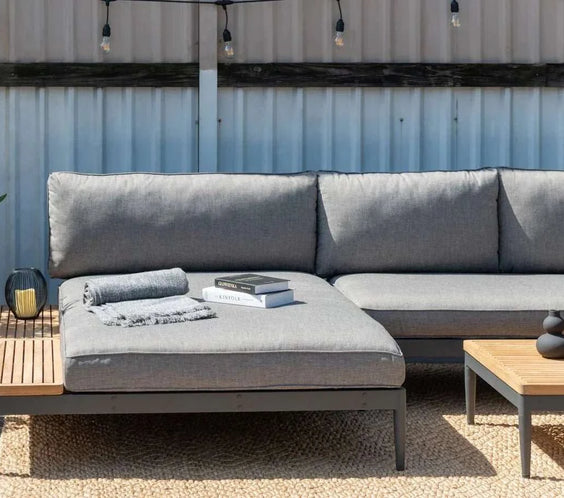 Lucia 2 Piece Commercial Deep Seating Chaise Lounge Bed Set With Table - Aluminum & Teak - Outdoorsiness