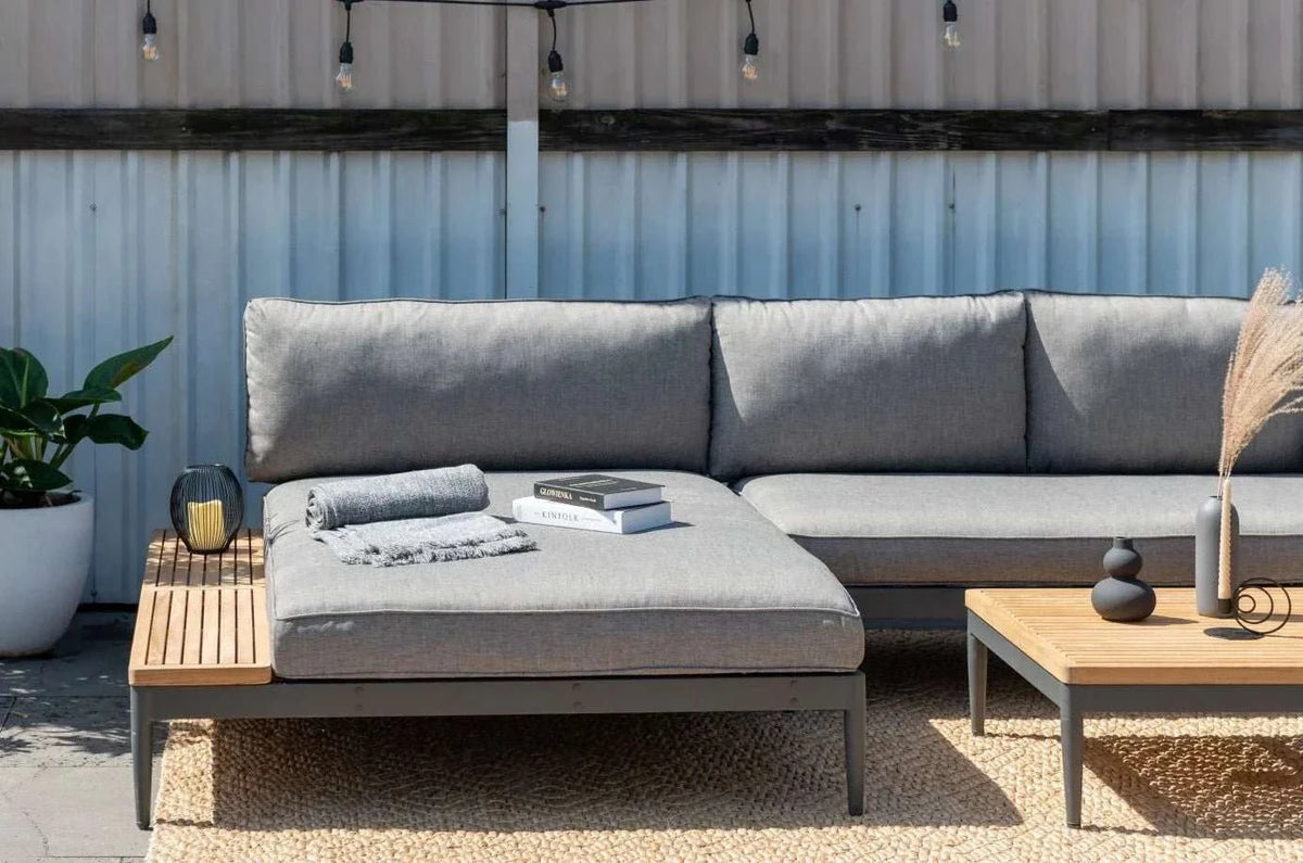 Lucia 2 Piece Commercial Deep Seating Chaise Lounge Bed Set With Table - Aluminum & Teak - Outdoorsiness