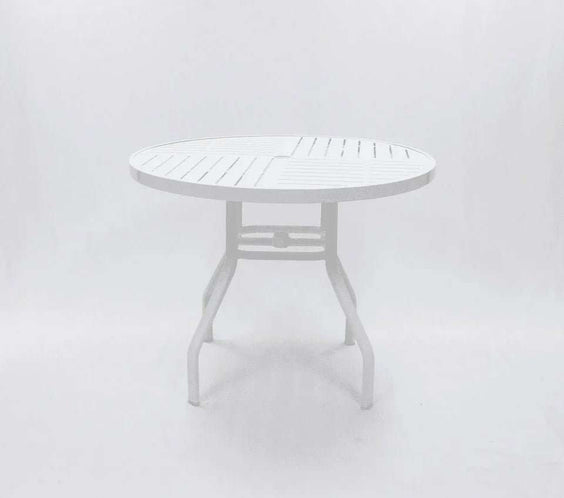 Oasis 36in Round Aluminum Commercial Pool Patio Table – Punched Top, Rectangular Legs - Outdoorsiness