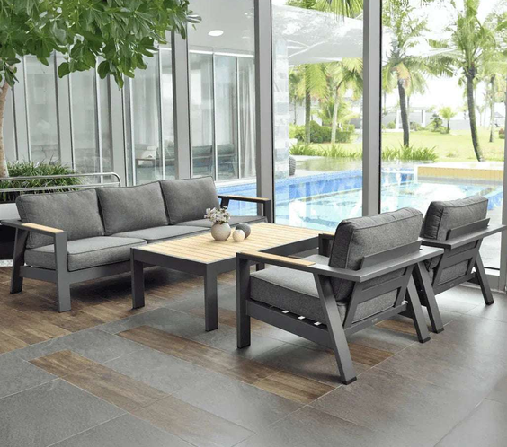 Oceanic 4 Piece Commercial Deep Seating Patio Sofa Set - Aluminum with Teak Accents - Outdoorsiness