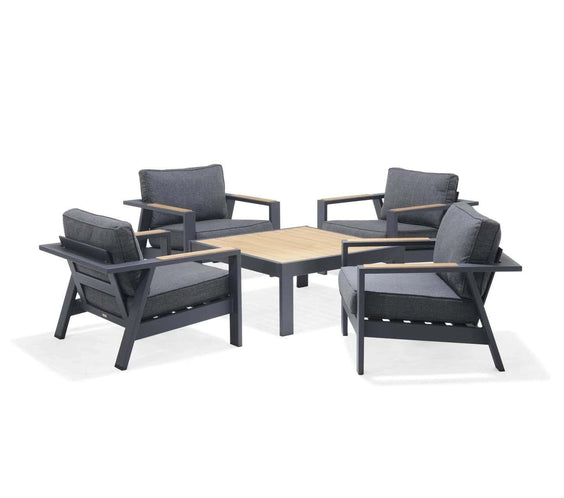 Oceanic 5 Piece Commercial Deep Seating Patio Conversation Set - Aluminum with Teak Accents - Outdoorsiness