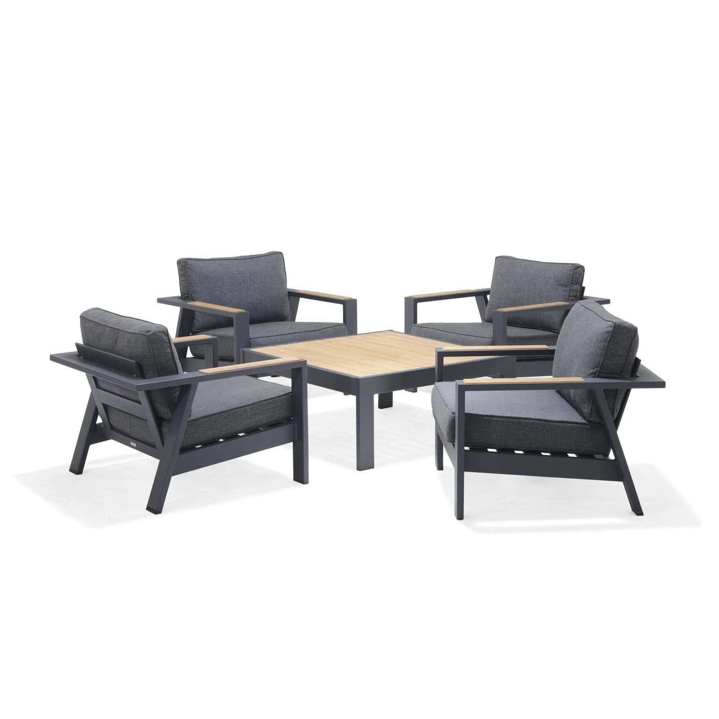 Oceanic 5 Piece Commercial Deep Seating Patio Conversation Set - Aluminum with Teak Accents - Outdoorsiness