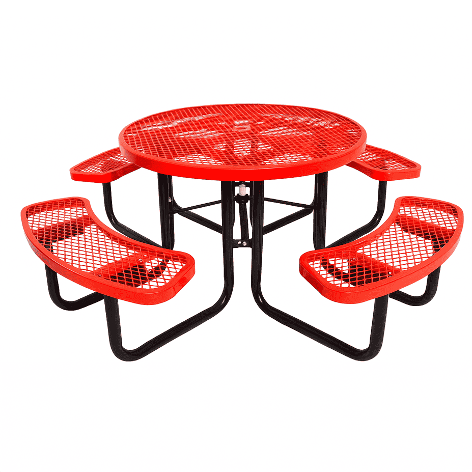 Outdoorsiness Quick Ship Commercial 46in Round Picnic Table – Thermoplastic Expanded Metal, UL Certified - Outdoorsiness