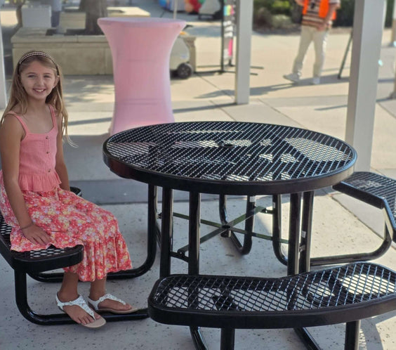Outdoorsiness Quick Ship Commercial 46in Round Picnic Table – Thermoplastic Expanded Metal, UL Certified - Outdoorsiness