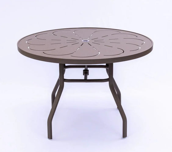 Oasis 42in Round Aluminum Commercial Pool Patio Table – Punched Top, Rectangular Legs