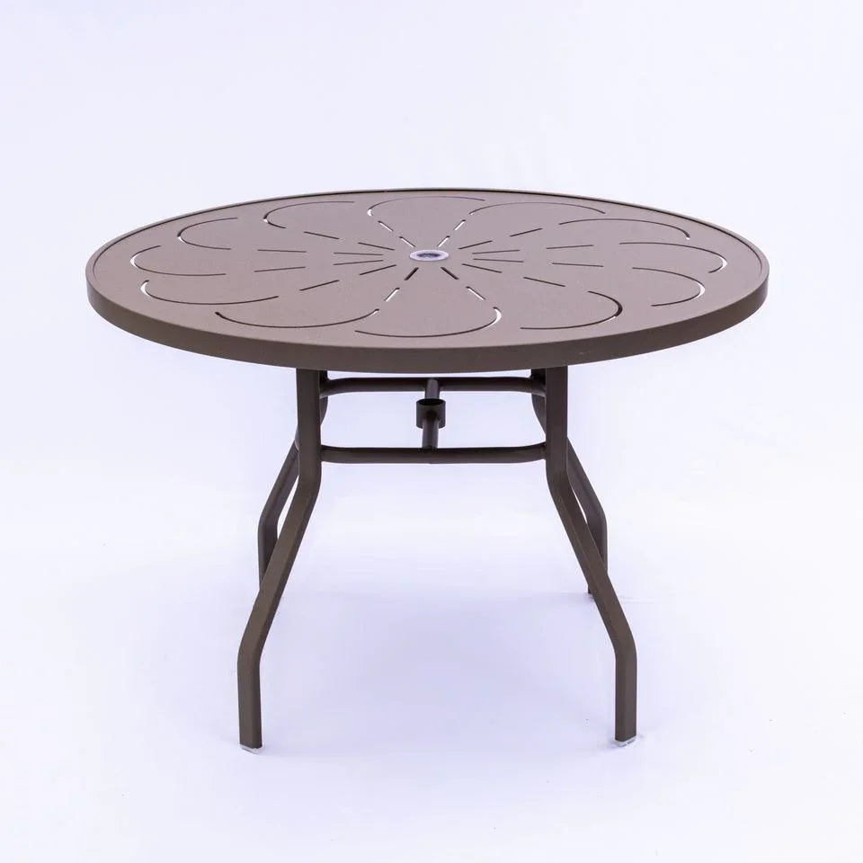 Oasis 42in Round Aluminum Commercial Pool Patio Table – Punched Top, Rectangular Legs
