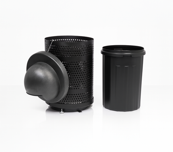 32 Gallon Punched Steel Heavy-Duty Commercial Outdoor Trash Can – Plastic Dome Lid, Liner & Base
