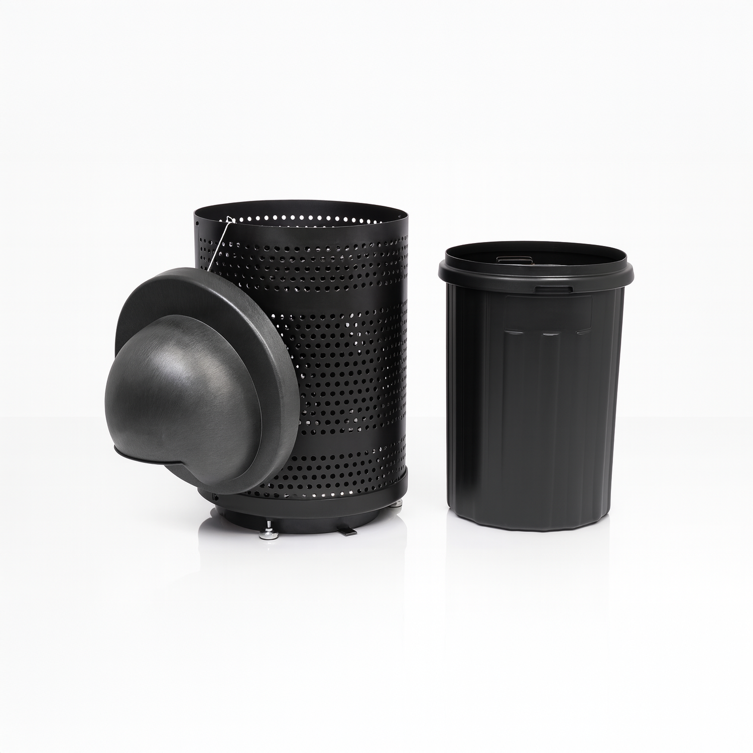 Heavy Duty Commercial 32 Gallon Punched Steel Trash Can With Plastic Dome Lid, Liner & Base