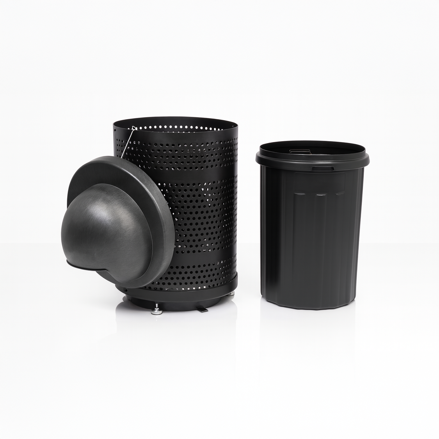 32 Gallon Punched Steel Heavy-Duty Commercial Outdoor Trash Can – Plastic Dome Lid, Liner & Base