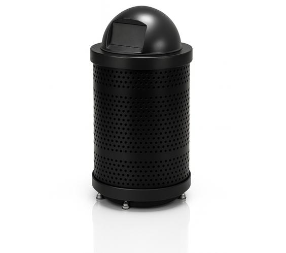 32 Gallon Punched Steel Heavy-Duty Commercial Outdoor Trash Can – Plastic Dome Lid, Liner & Base