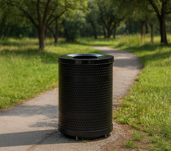 55 Gallon Punched Steel Heavy-Duty Commercial Outdoor Trash Can – Flat Lid, Liner & Base