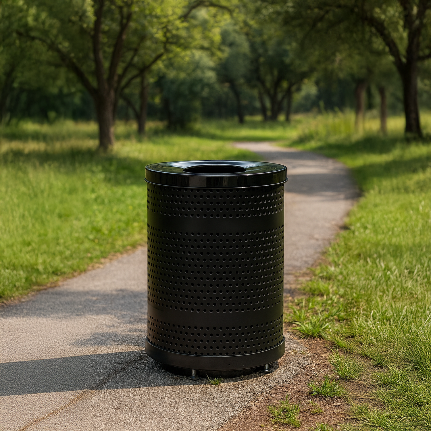 Heavy Duty Commercial 32 Gallon Punched Steel Trash Can With Flat Dome Lid, Liner & Base
