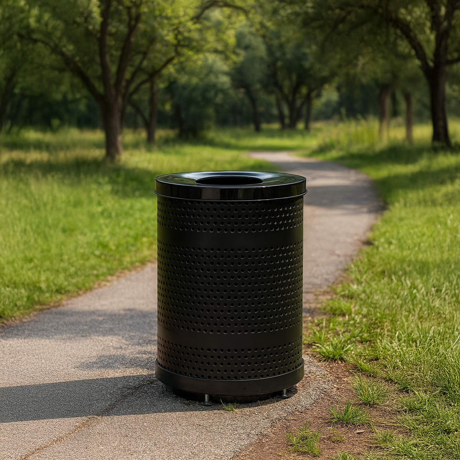 55 Gallon Punched Steel Heavy-Duty Commercial Outdoor Trash Can – Flat Lid, Liner & Base