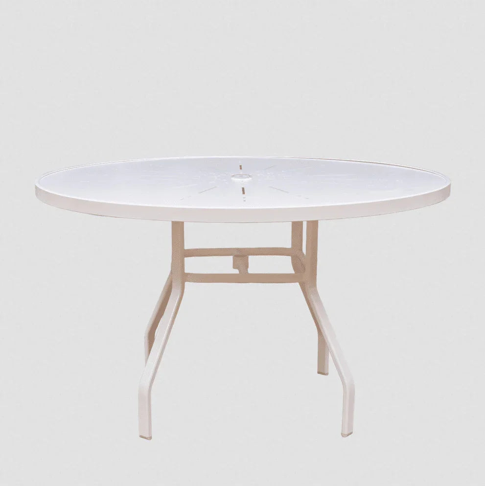 Beach Club 48in Round Aluminum Commercial Pool Patio Table – Punched Top, Rectangular Legs