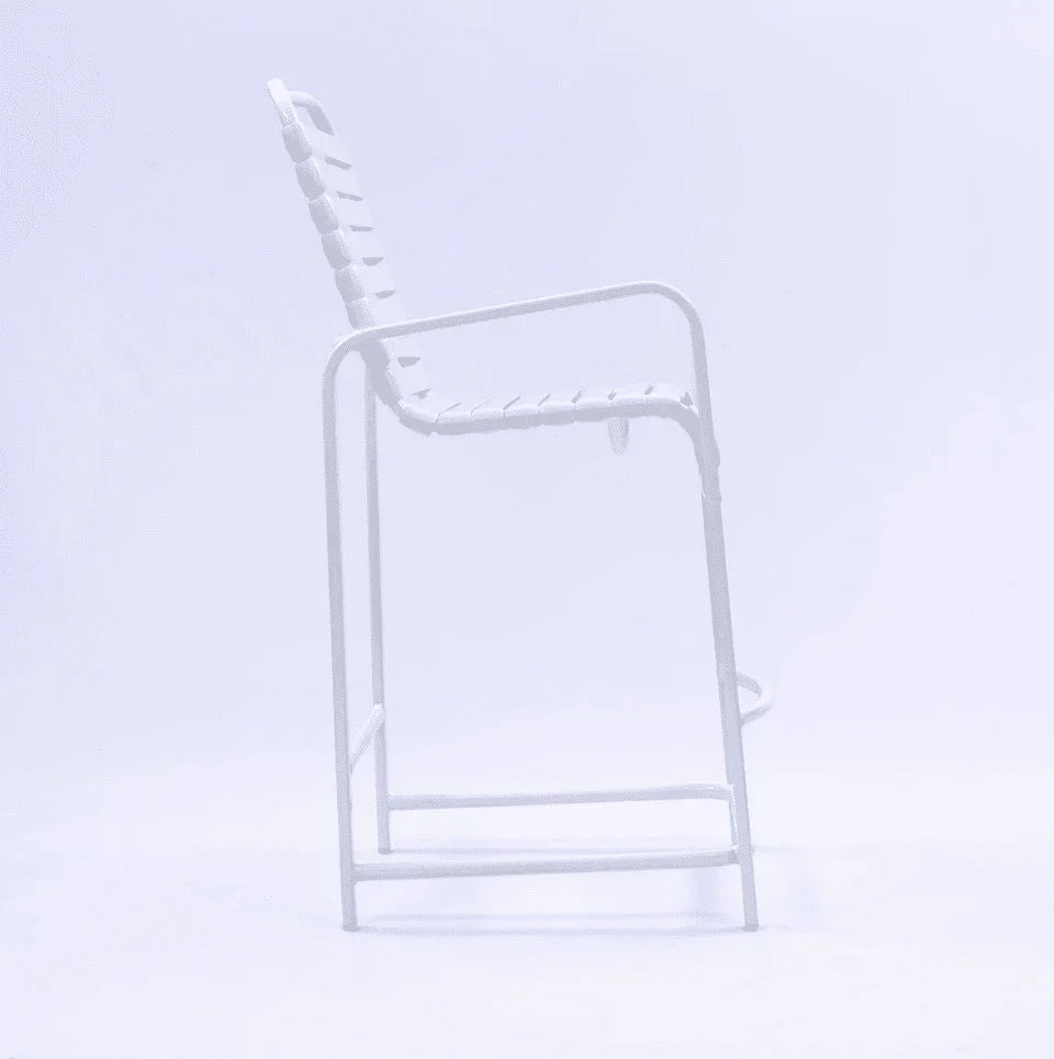 Beach Club Vinyl Strap Commercial Pool Bar Stool with Arms – Aluminum Frame