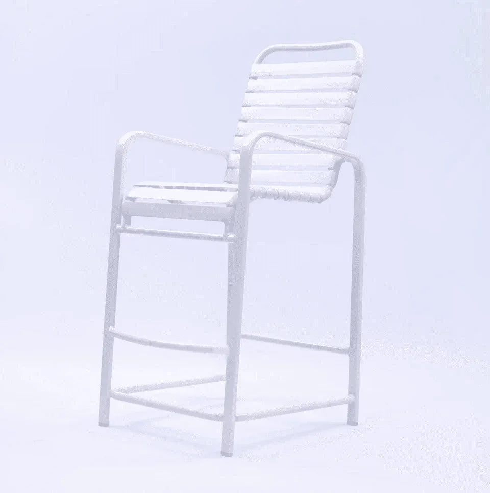 Beach Club Vinyl Strap Commercial Pool Bar Stool with Arms – Aluminum Frame