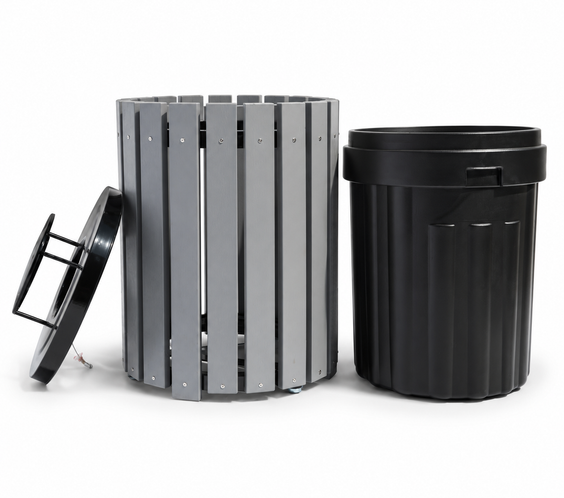 45 Gallon Recycled Plastic Trash Can – Commercial Round Slatted Receptacle with Heavy-Duty Liner