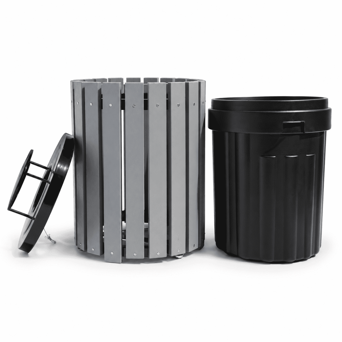 45 Gallon Recycled Plastic Trash Can – Commercial Round Slatted Receptacle with Heavy-Duty Liner
