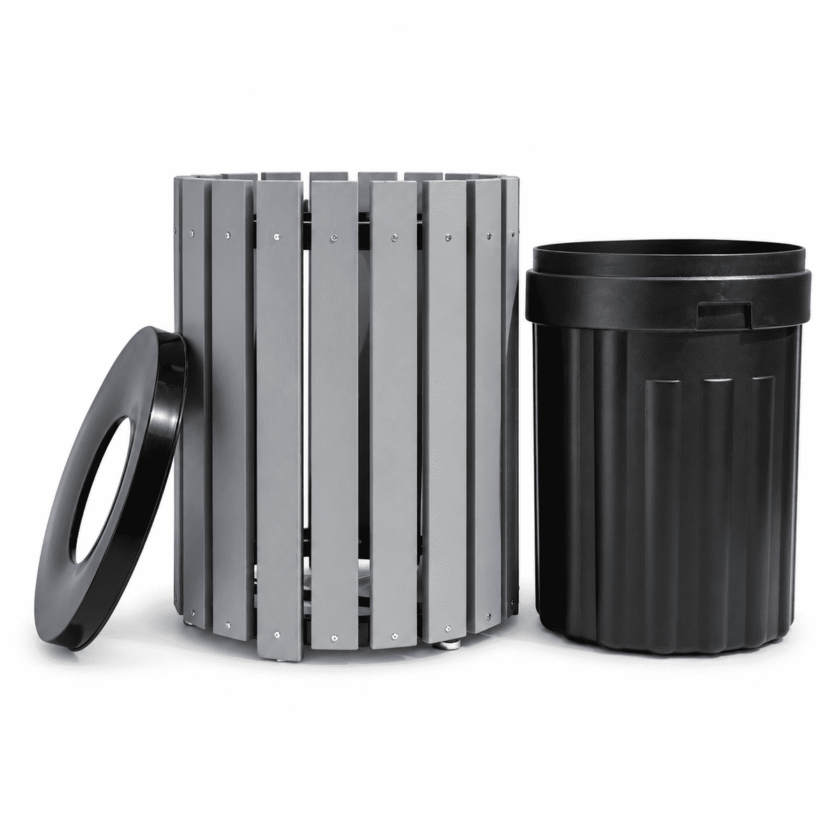 45 Gallon Recycled Plastic Trash Can – Commercial Round Slatted Receptacle with Heavy-Duty Liner