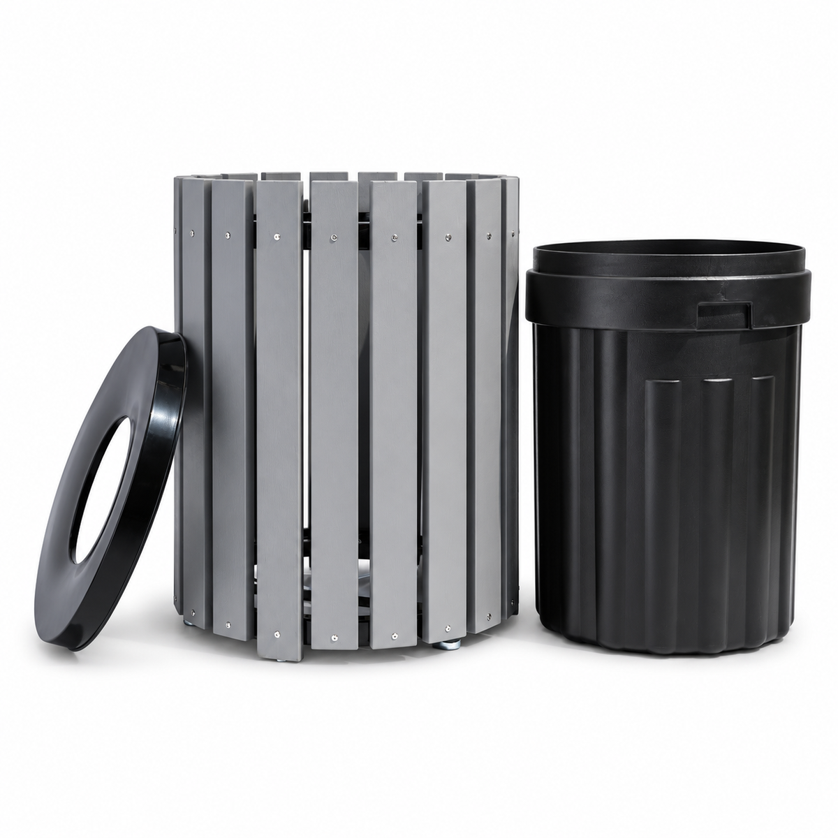 45 Gallon Recycled Plastic Trash Can – Commercial Round Slatted Receptacle with Heavy-Duty Liner