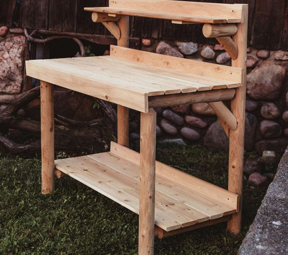 Rustic Northern White Cedar Log 4-Foot Potting Table – USA Made - Outdoorsiness