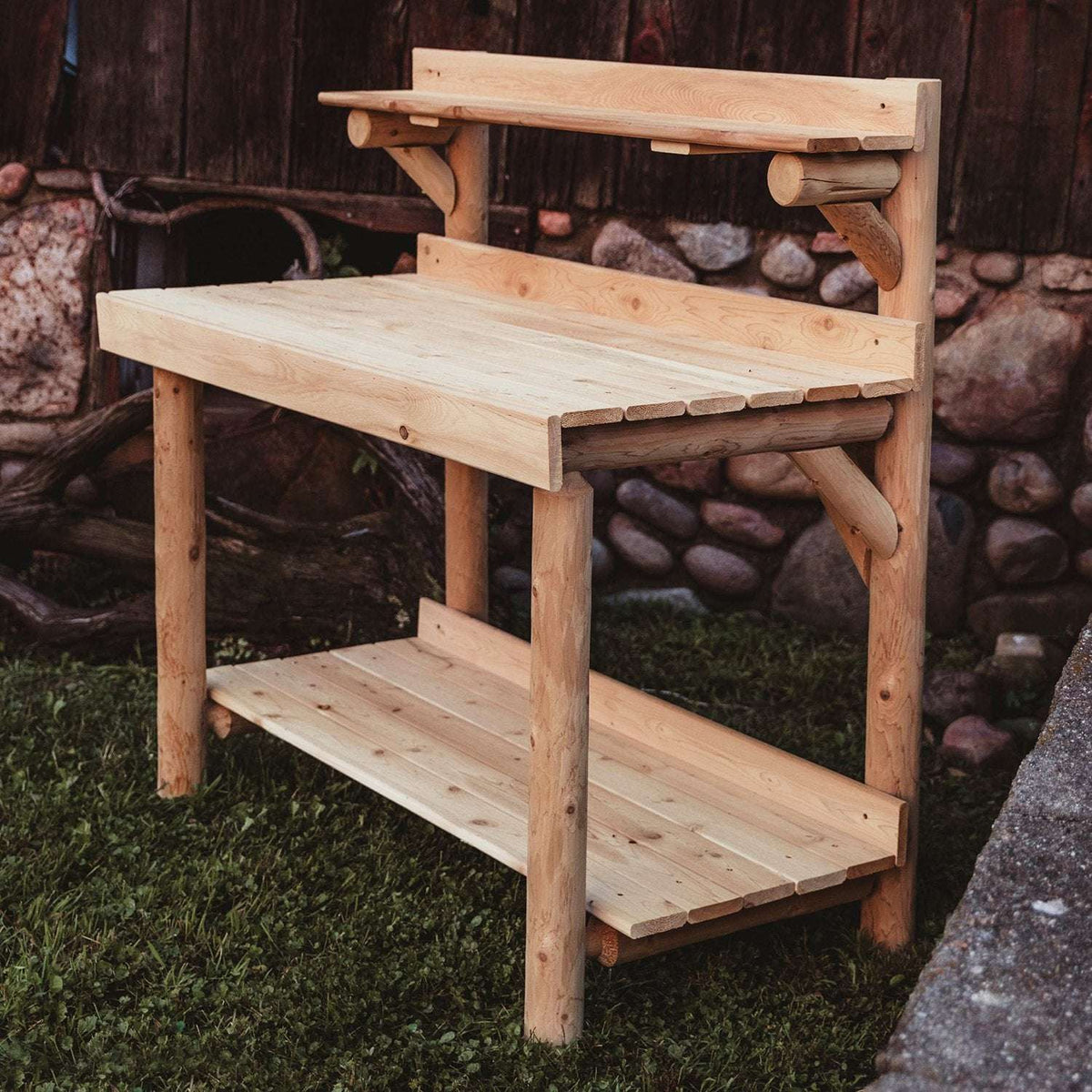 Rustic Northern White Cedar Log 4-Foot Potting Table – USA Made - Outdoorsiness