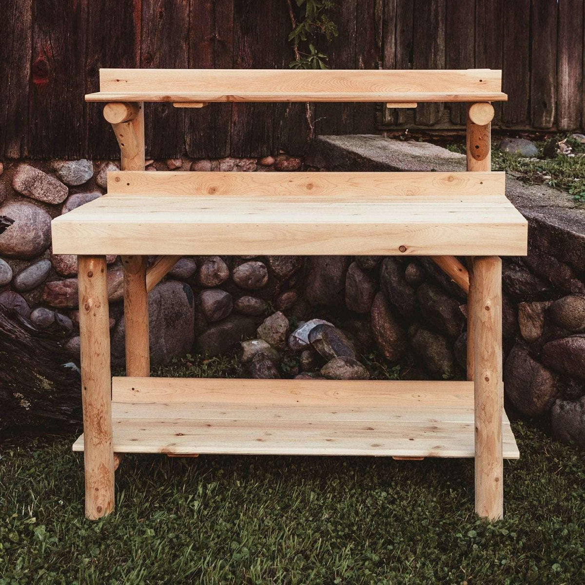 Rustic Northern White Cedar Log 4-Foot Potting Table – USA Made - Outdoorsiness