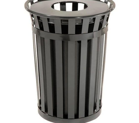 36 Gallon Slatted Steel Commercial Outdoor Trash Can – Wide Top Flat Lid