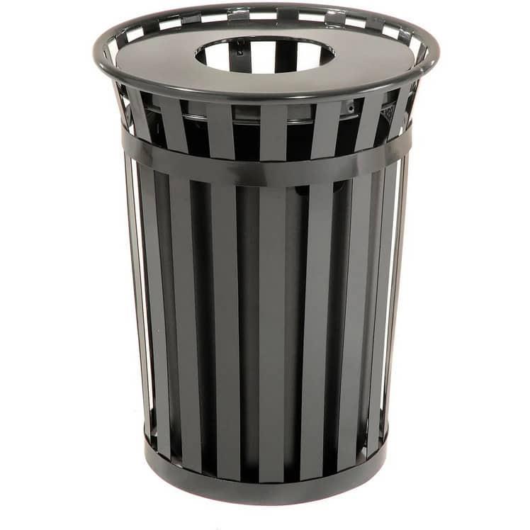 36 Gallon Slatted Steel Commercial Outdoor Trash Can – Wide Top Flat Lid