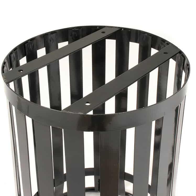 Courtyard Outdoor Slatted Steel Trash Can With Flat Lid and Liner, 36 Gallon, Black