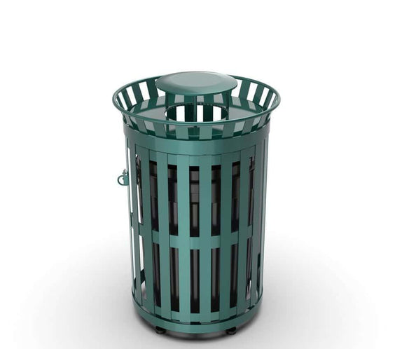 45 Gallon Slatted Commercial Outdoor Trash Receptacle – Side Opening with Rain Bonnet Lid