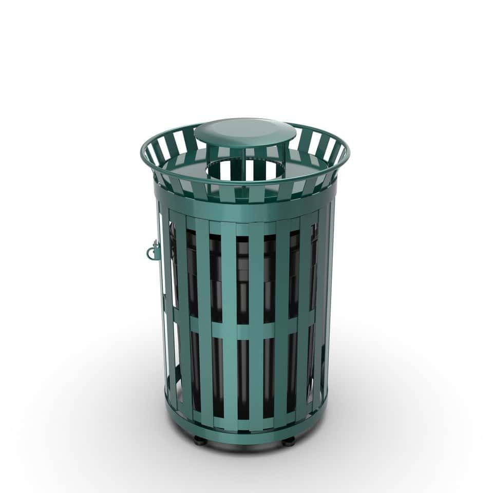 45 Gallon Slatted Commercial Outdoor Trash Receptacle – Side Opening with Rain Bonnet Lid