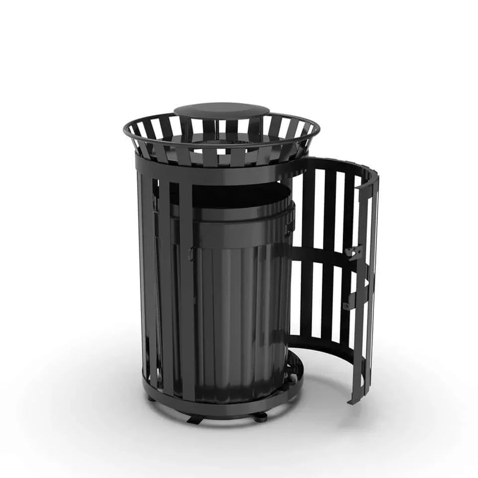 45 Gallon Slatted Commercial Outdoor Trash Receptacle – Side Opening with Rain Bonnet Lid