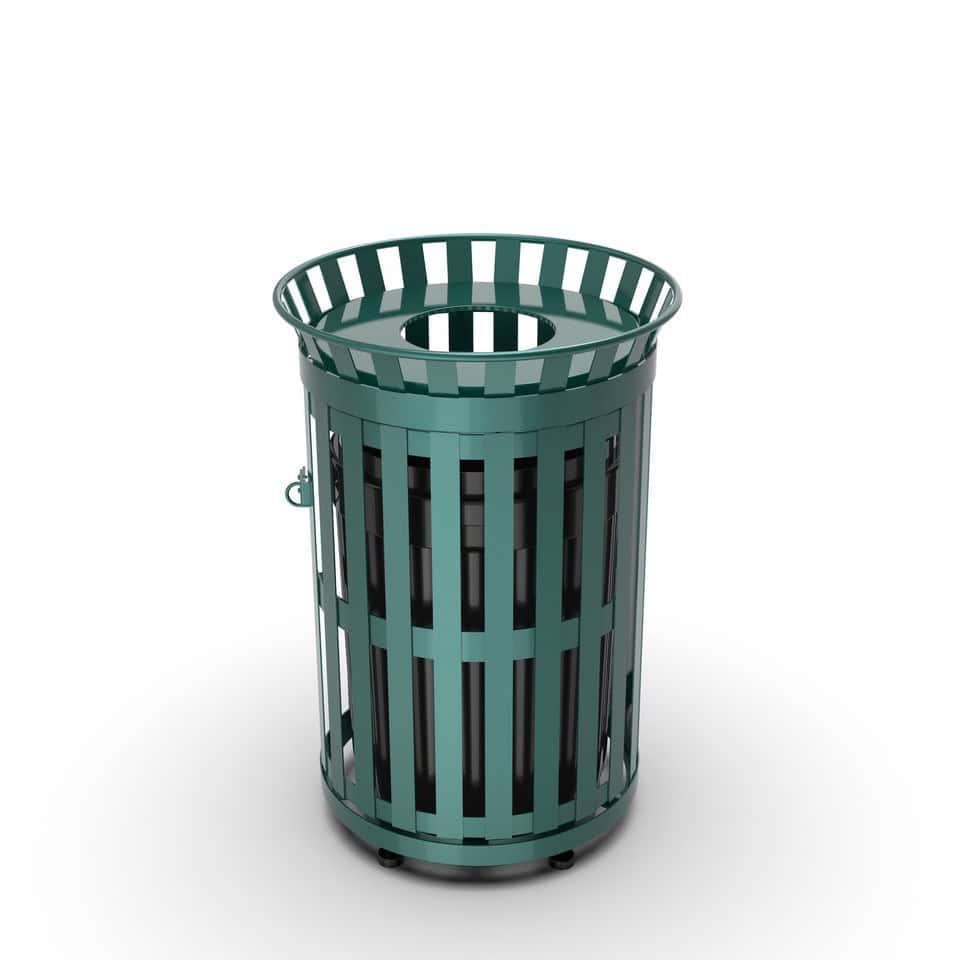 45 Gallon Slatted Commercial Outdoor Trash Receptacle – Side Opening with Flat Lid & Liner
