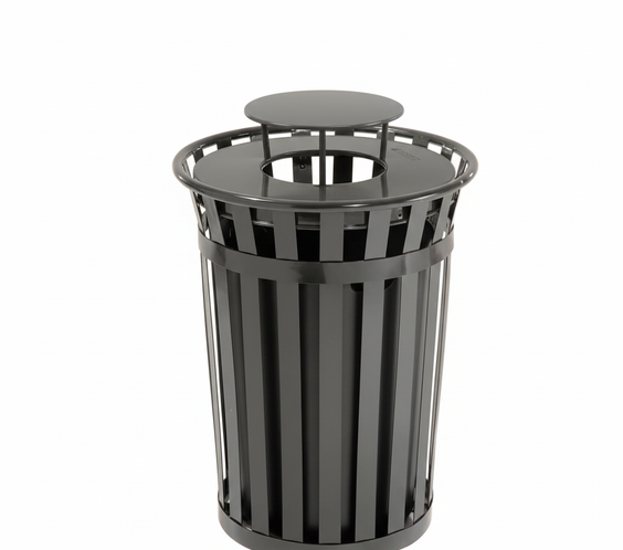 36 Gallon Slatted Steel Commercial Outdoor Trash Can – Wide Top Rain Bonnet Lid & Liner